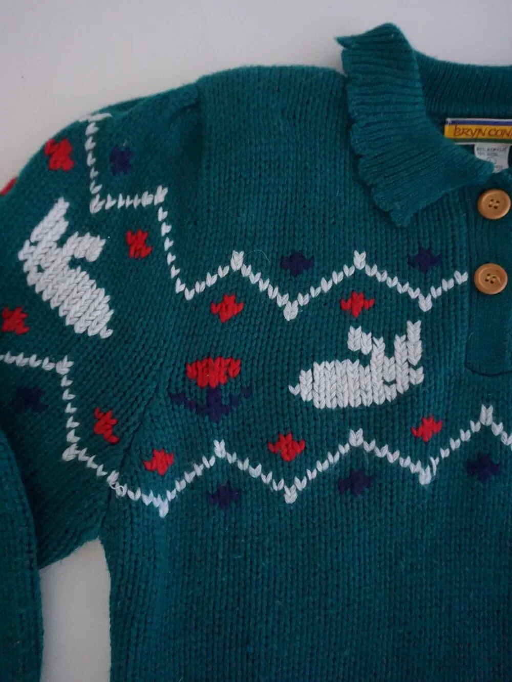 Vintage Bryn Connelly Green Bunny 15% Wool Fair Isle Knit Collared Sweater L - Picture 10 of 10